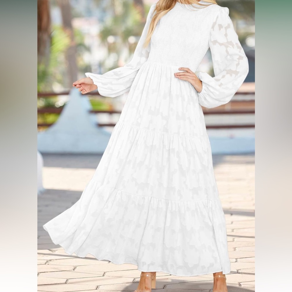 Long Sleeve Lace White Round Neck Smocked A-Line Maxi Dress with Pockets